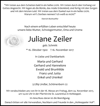 Anzeige von Juliane Zeiler von Kölner Stadt-Anzeiger / Kölnische Rundschau / Express