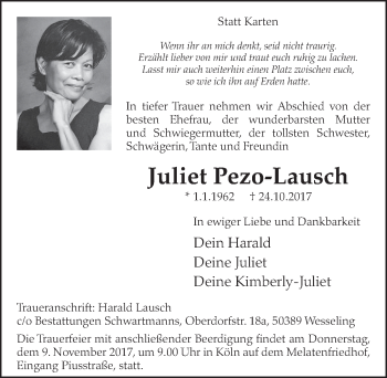 Anzeige von Juliet Pezo-Lausch von  Schlossbote/Werbekurier 