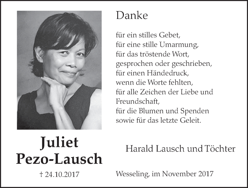  Traueranzeige für Juliet Pezo-Lausch vom 22.11.2017 aus  Schlossbote/Werbekurier 
