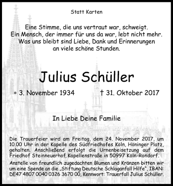 Anzeige von Julius Schüller von Kölner Stadt-Anzeiger / Kölnische Rundschau / Express