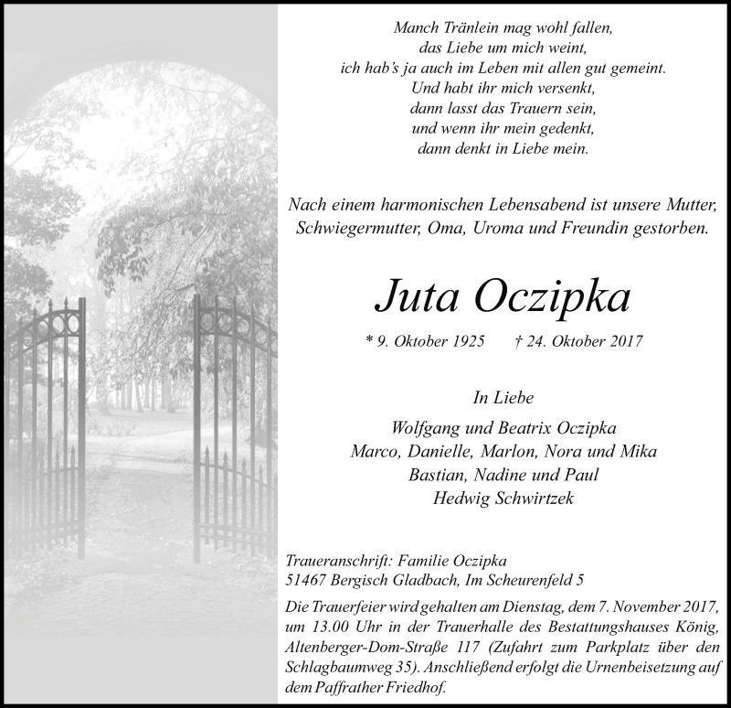  Traueranzeige für Juta Oczipka vom 04.11.2017 aus  Bergisches Sonntagsblatt 