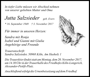 Anzeige von Jutta Salzsieder von Kölner Stadt-Anzeiger / Kölnische Rundschau / Express