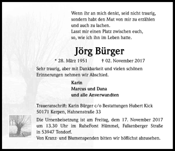 Anzeige von Jörg Bürger von Kölner Stadt-Anzeiger / Kölnische Rundschau / Express
