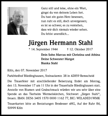 Anzeige von Jürgen Hermann Stahl von Kölner Stadt-Anzeiger / Kölnische Rundschau / Express