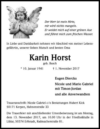Anzeige von Karin Horst von Kölner Stadt-Anzeiger / Kölnische Rundschau / Express