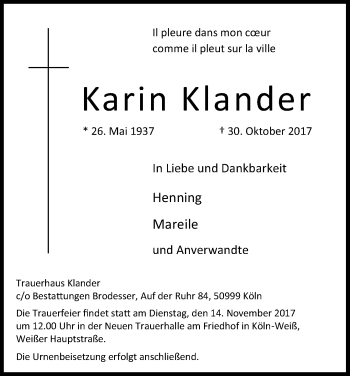 Anzeige von Karin Klander von Kölner Stadt-Anzeiger / Kölnische Rundschau / Express