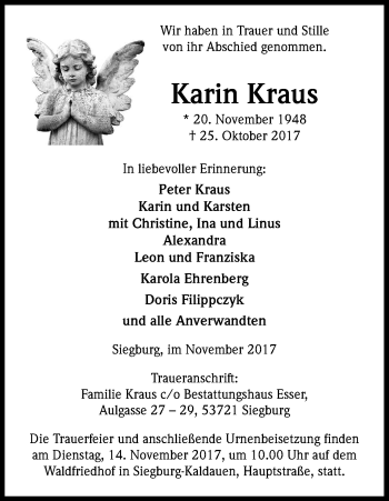 Anzeige von Karin Kraus von Kölner Stadt-Anzeiger / Kölnische Rundschau / Express