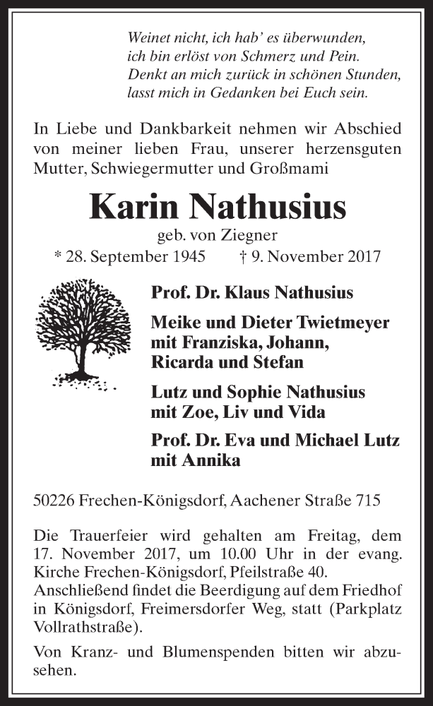  Traueranzeige für Karin Nathusius vom 15.11.2017 aus  Wochenende 