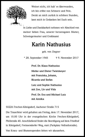 Anzeige von Karin Nathusius von Kölner Stadt-Anzeiger / Kölnische Rundschau / Express