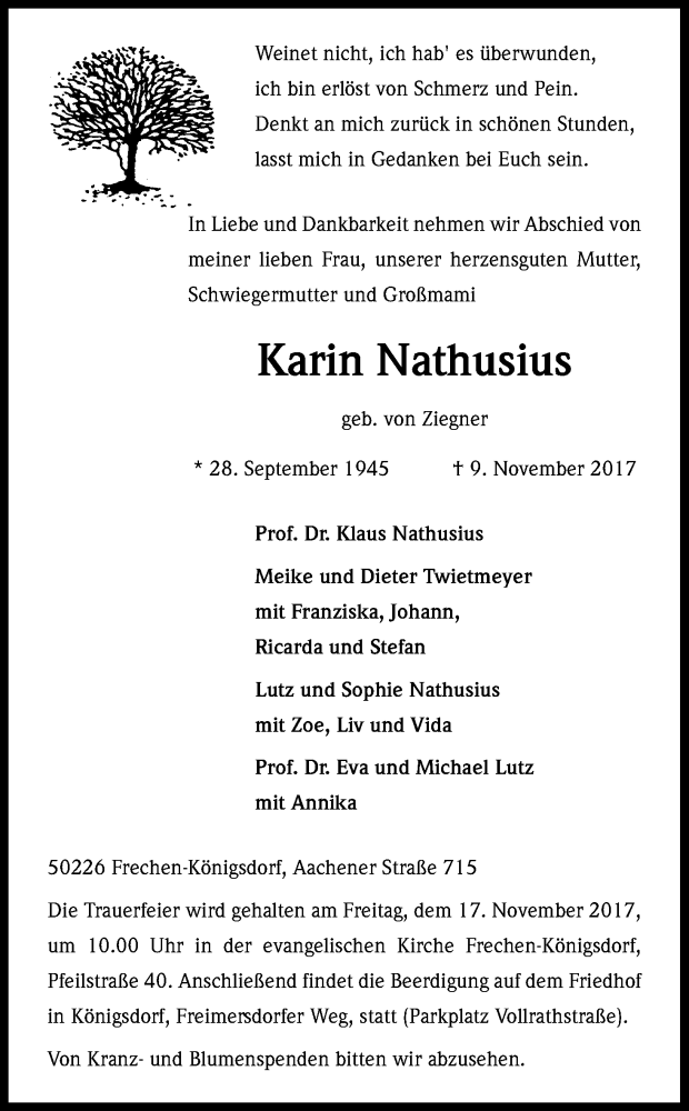  Traueranzeige für Karin Nathusius vom 11.11.2017 aus Kölner Stadt-Anzeiger / Kölnische Rundschau / Express