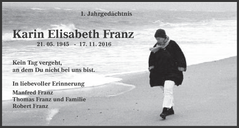  Traueranzeige für Karin Elisabeth Franz vom 08.11.2017 aus  Werbepost 