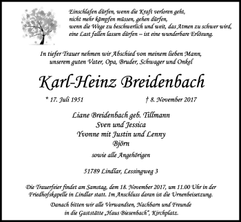 Anzeige von Karl-Heinz Breidenbach von Kölner Stadt-Anzeiger / Kölnische Rundschau / Express