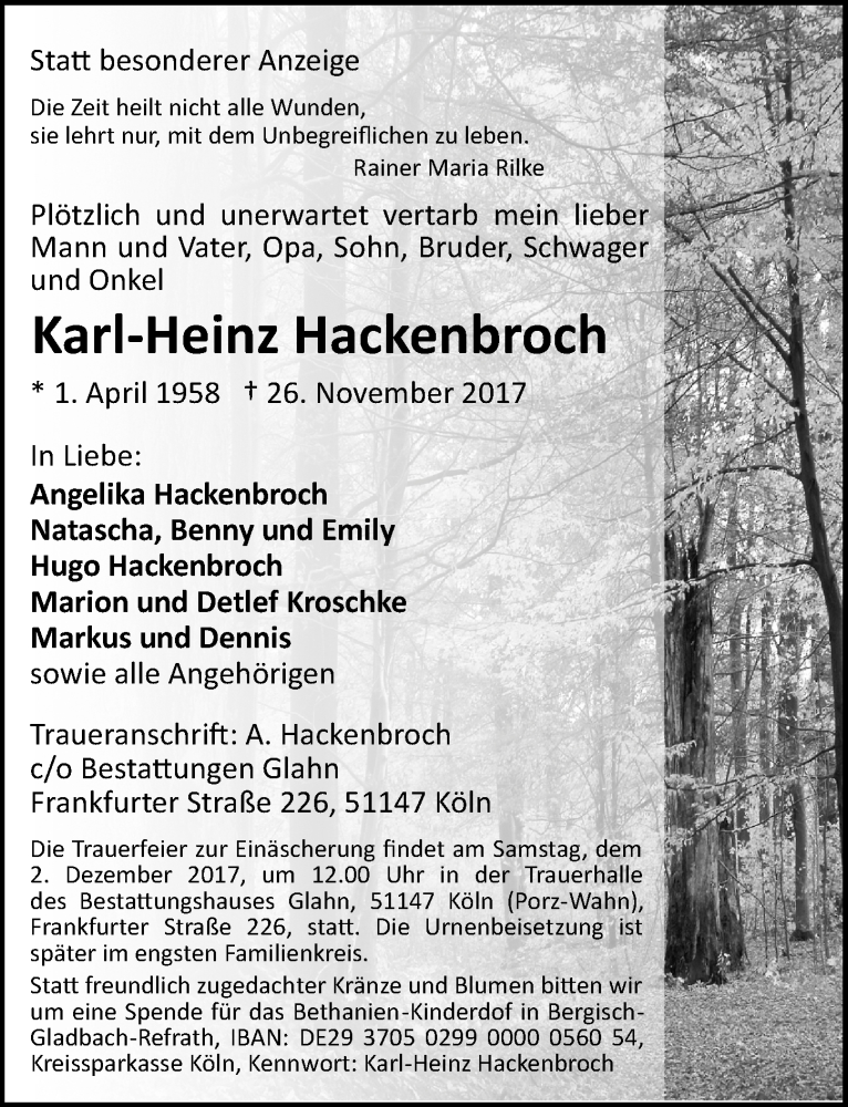  Traueranzeige für Karl-Heinz Hackenbroch vom 29.11.2017 aus  Kölner Wochenspiegel 