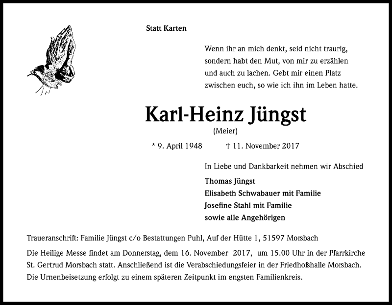  Traueranzeige für Karl-Heinz Jüngst vom 14.11.2017 aus Kölner Stadt-Anzeiger / Kölnische Rundschau / Express