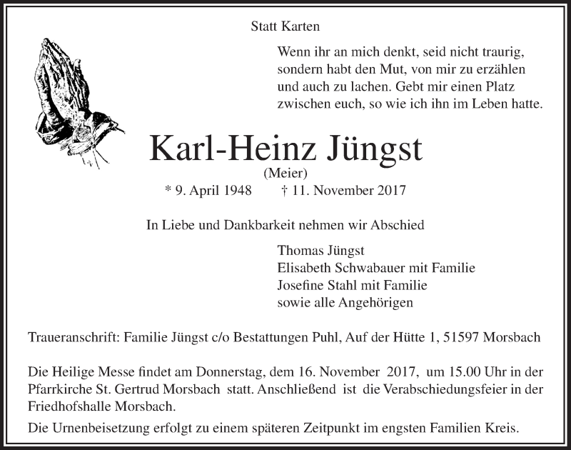  Traueranzeige für Karl-Heinz Jüngst vom 15.11.2017 aus  Lokalanzeiger 