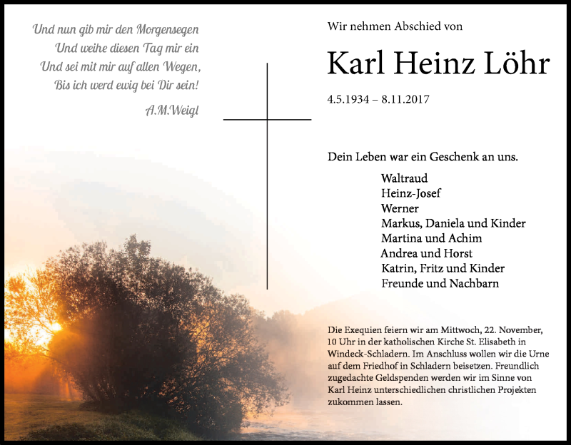  Traueranzeige für Karl-Heinz Löhr vom 18.11.2017 aus Kölner Stadt-Anzeiger / Kölnische Rundschau / Express