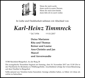 Anzeige von Karl-Heinz Timmreck von Kölner Stadt-Anzeiger / Kölnische Rundschau / Express