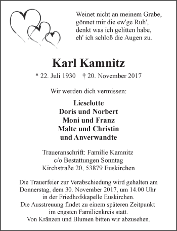 Anzeige von Karl Kamnitz von  Blickpunkt Euskirchen 