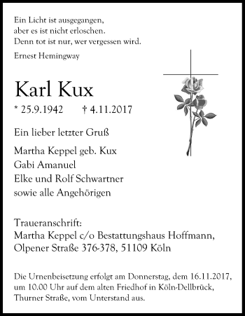 Anzeige von Karl Kux von Kölner Stadt-Anzeiger / Kölnische Rundschau / Express