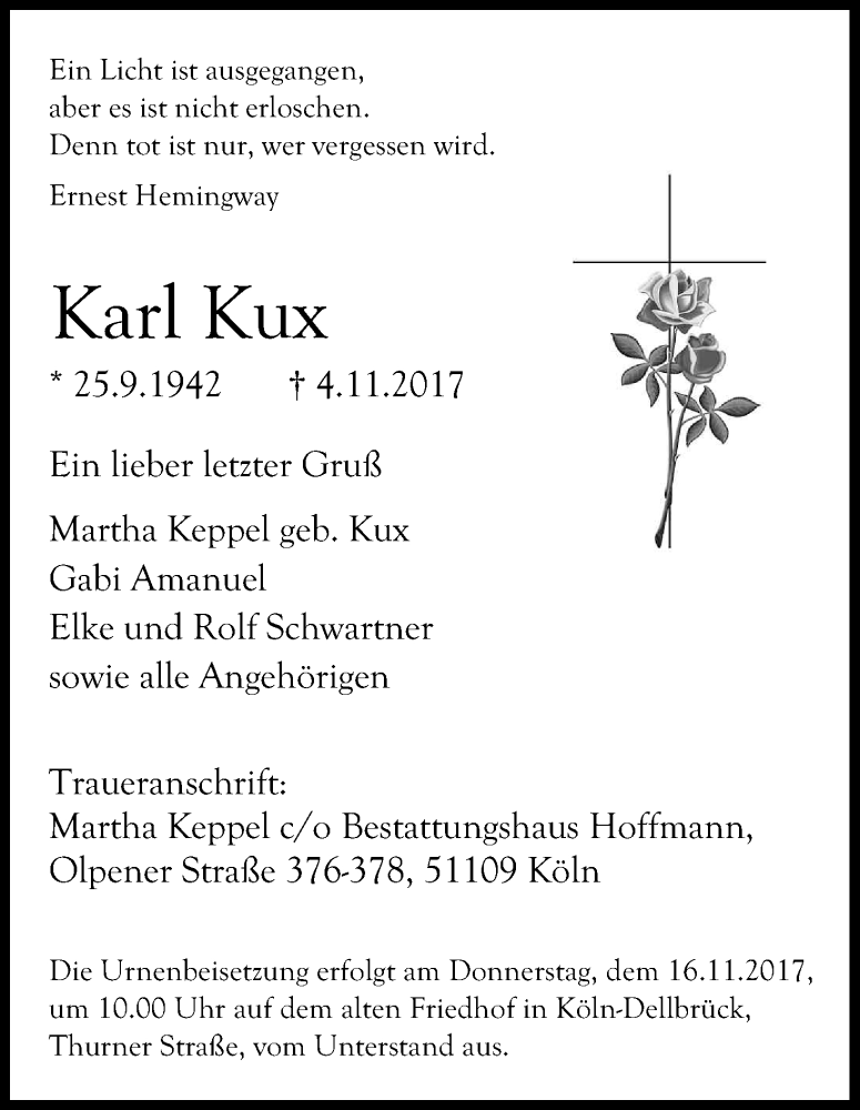  Traueranzeige für Karl Kux vom 11.11.2017 aus Kölner Stadt-Anzeiger / Kölnische Rundschau / Express