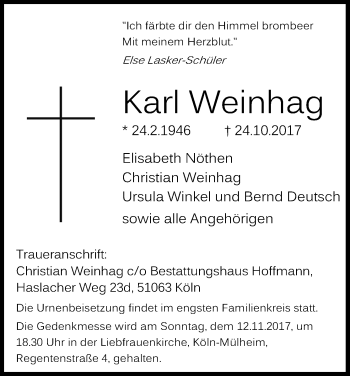 Anzeige von Karl Weinhag von Kölner Stadt-Anzeiger / Kölnische Rundschau / Express