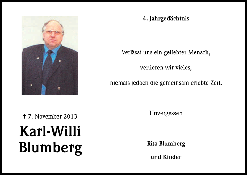 Traueranzeige für Karl-Willi Blumberg vom 07.11.2017 aus Kölner Stadt-Anzeiger / Kölnische Rundschau / Express