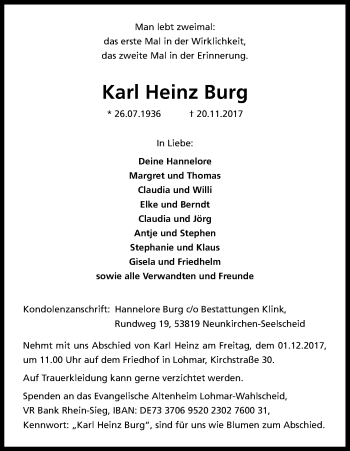 Anzeige von Karl Heinz Burg von Kölner Stadt-Anzeiger / Kölnische Rundschau / Express