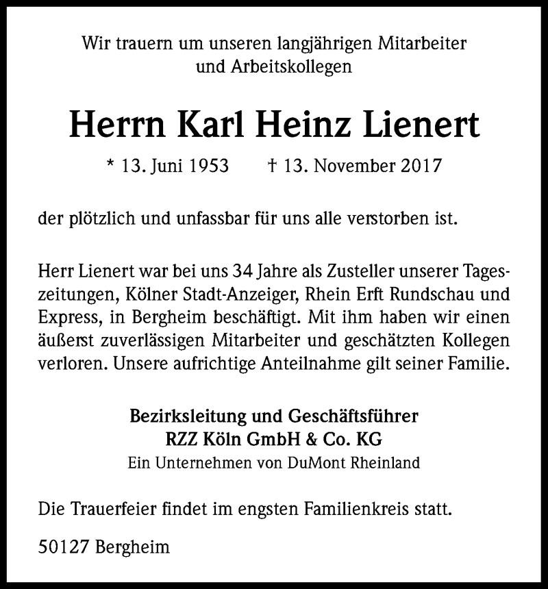  Traueranzeige für Karl Heinz Lienert vom 28.11.2017 aus Kölner Stadt-Anzeiger / Kölnische Rundschau / Express