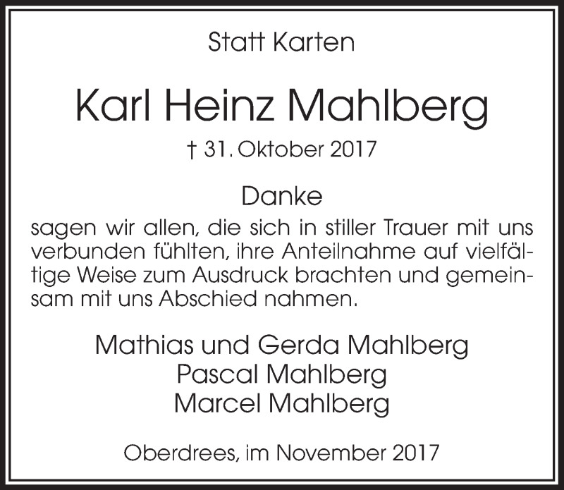  Traueranzeige für Karl Heinz Mahlberg vom 29.11.2017 aus  Schaufenster/Blickpunkt 