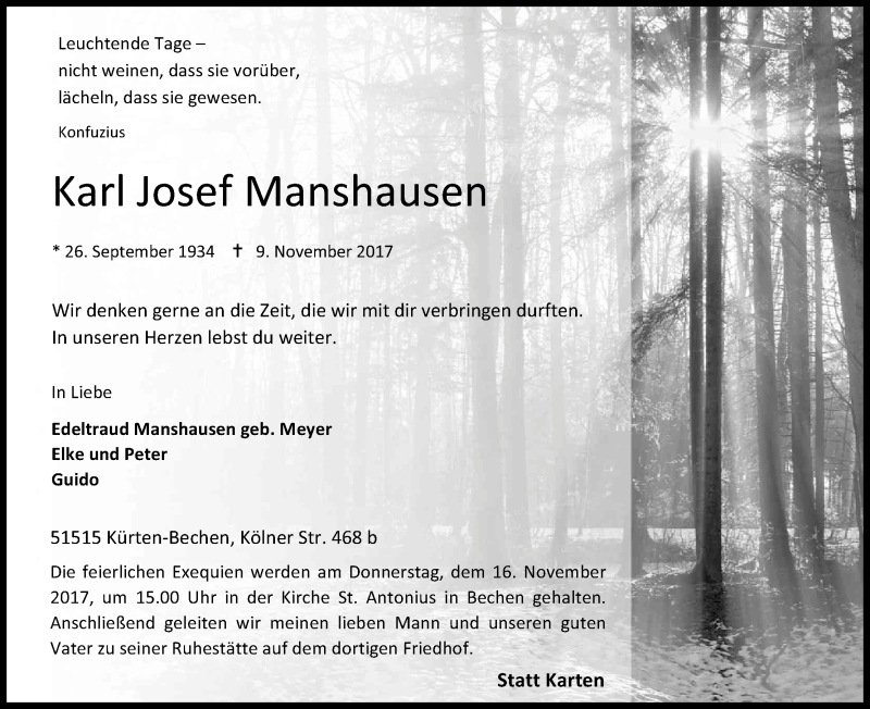  Traueranzeige für Karl Josef Manshausen vom 11.11.2017 aus Kölner Stadt-Anzeiger / Kölnische Rundschau / Express