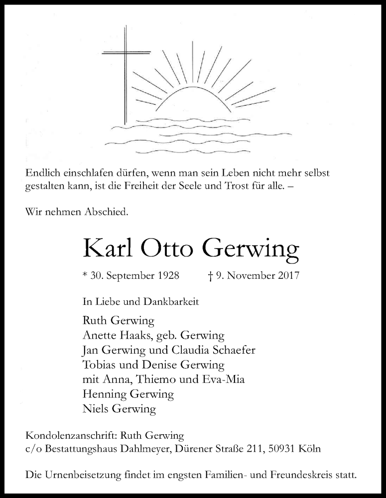  Traueranzeige für Karl Otto Gerwing vom 18.11.2017 aus Kölner Stadt-Anzeiger / Kölnische Rundschau / Express