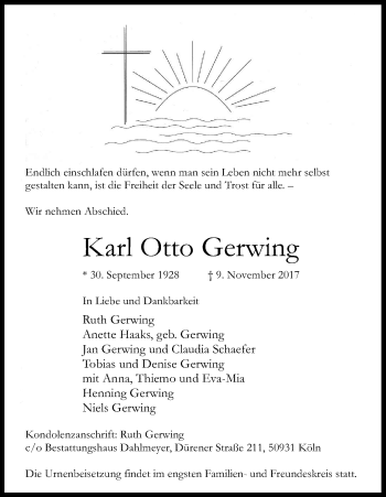Anzeige von Karl Otto Gerwing von Kölner Stadt-Anzeiger / Kölnische Rundschau / Express