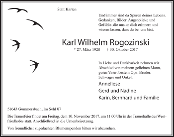 Anzeige von Karl Wilhelm Rogozinski von  Anzeigen Echo 