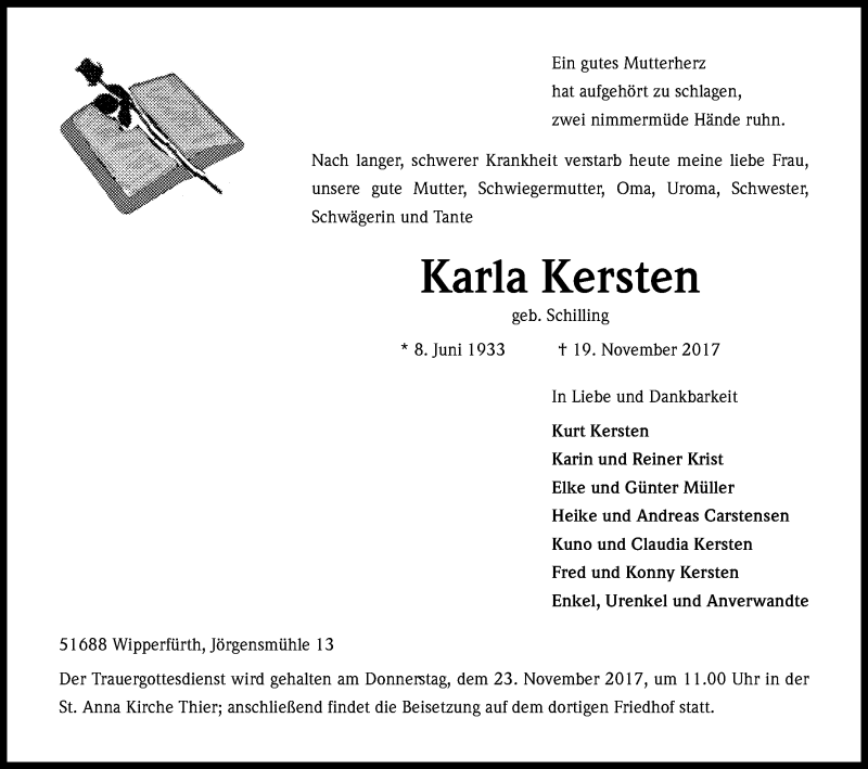  Traueranzeige für Karla Kersten vom 21.11.2017 aus Kölner Stadt-Anzeiger / Kölnische Rundschau / Express