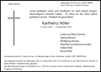 Anzeige von Karlheinz Höfer von Kölner Stadt-Anzeiger / Kölnische Rundschau / Express