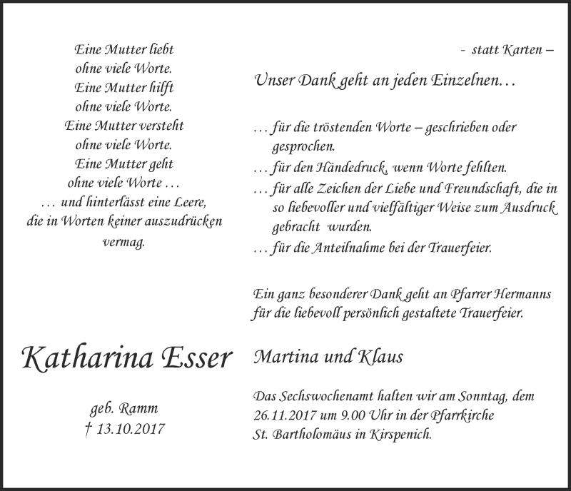  Traueranzeige für Katharina Esser vom 18.11.2017 aus  Blickpunkt Euskirchen 