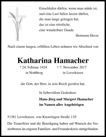 Anzeige von Katharina Hamacher von Kölner Stadt-Anzeiger / Kölnische Rundschau / Express