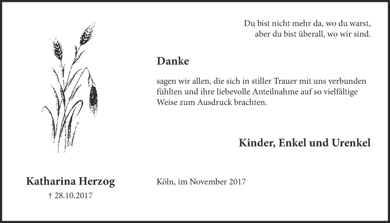  Traueranzeige für Katharina Herzog vom 29.11.2017 aus  Kölner Wochenspiegel 