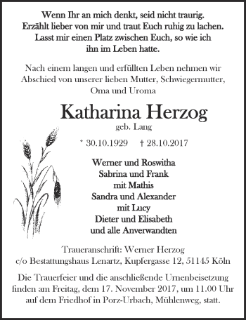 Anzeige von Katharina Herzog von  Kölner Wochenspiegel 