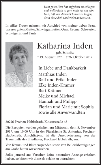 Anzeige von Katharina Inden von  Sonntags-Post 