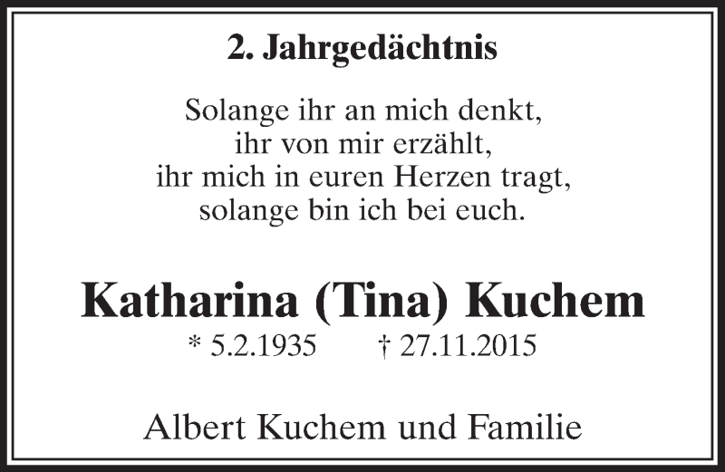  Traueranzeige für Katharina Kuchem vom 22.11.2017 aus  Schaufenster/Blickpunkt 