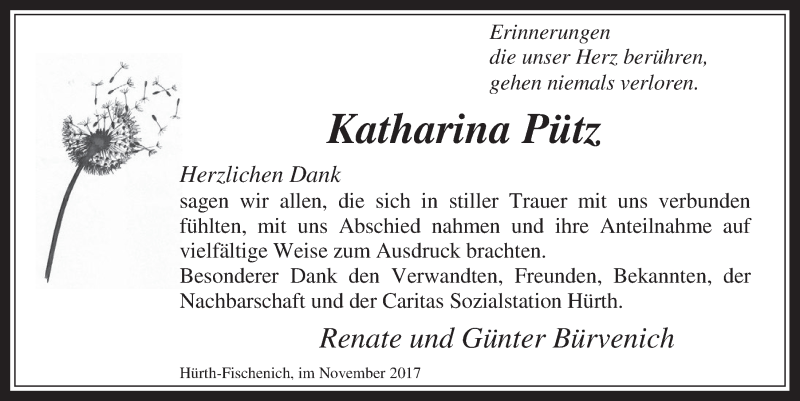 Traueranzeige für Katharina Pütz vom 08.11.2017 aus  Wochenende 