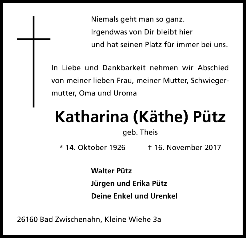  Traueranzeige für Katharina Pütz vom 21.11.2017 aus Kölner Stadt-Anzeiger / Kölnische Rundschau / Express