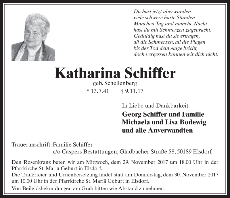  Traueranzeige für Katharina Schiffer vom 22.11.2017 aus  Werbepost 