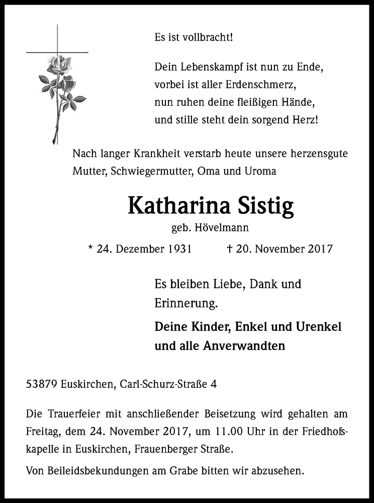  Traueranzeige für Katharina Sistig vom 22.11.2017 aus Kölner Stadt-Anzeiger / Kölnische Rundschau / Express