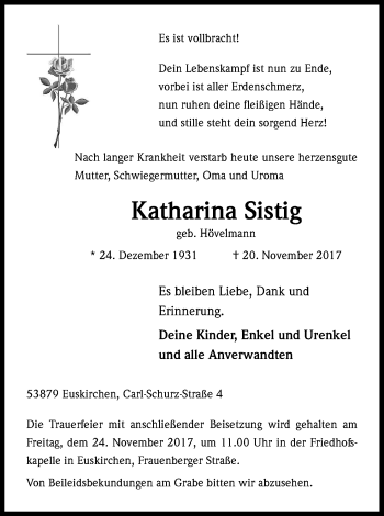 Anzeige von Katharina Sistig von Kölner Stadt-Anzeiger / Kölnische Rundschau / Express