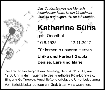 Anzeige von Katharina Sühs von Kölner Stadt-Anzeiger / Kölnische Rundschau / Express