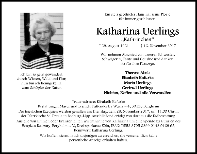  Traueranzeige für Katharina Uerlings vom 25.11.2017 aus Kölner Stadt-Anzeiger / Kölnische Rundschau / Express