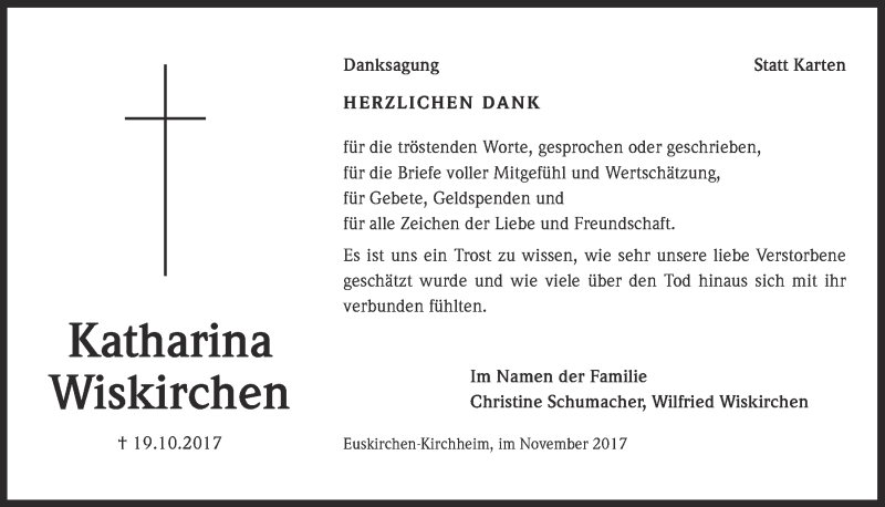  Traueranzeige für Katharina Wiskirchen vom 18.11.2017 aus  Blickpunkt Euskirchen 