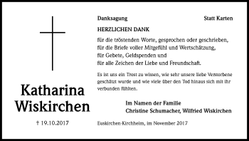 Anzeige von Katharina Wiskirchen von Kölner Stadt-Anzeiger / Kölnische Rundschau / Express
